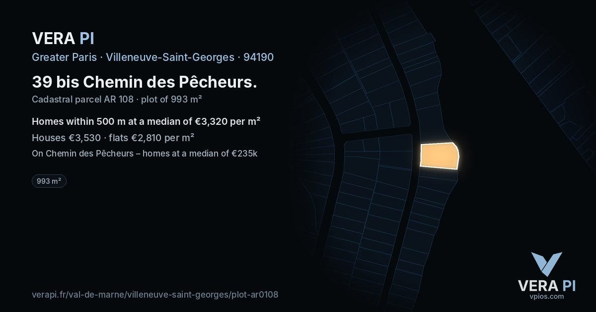 39 bis Chemin des Pêcheurs, Villeneuve-Saint-Georges at night – the plot lit, the parcels around coloured by the prices near them