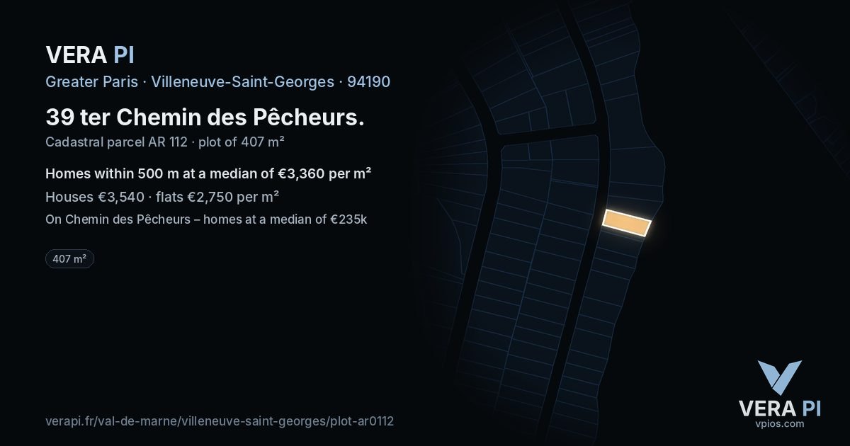 39 ter Chemin des Pêcheurs, Villeneuve-Saint-Georges at night – the plot lit, the parcels around coloured by the prices near them