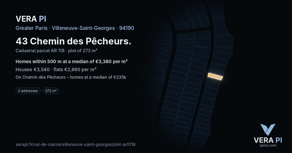 43 Chemin des Pêcheurs, Villeneuve-Saint-Georges at night – the plot lit, the parcels around coloured by the prices near them