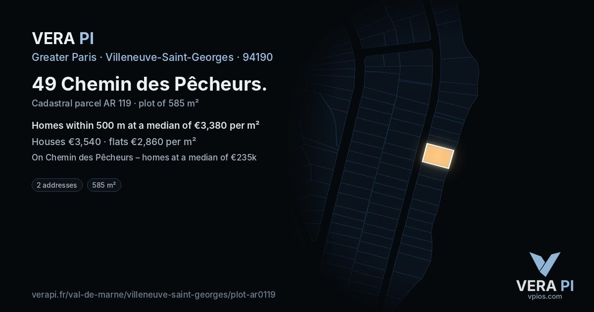 49 Chemin des Pêcheurs, Villeneuve-Saint-Georges at night – the plot lit, the parcels around coloured by the prices near them