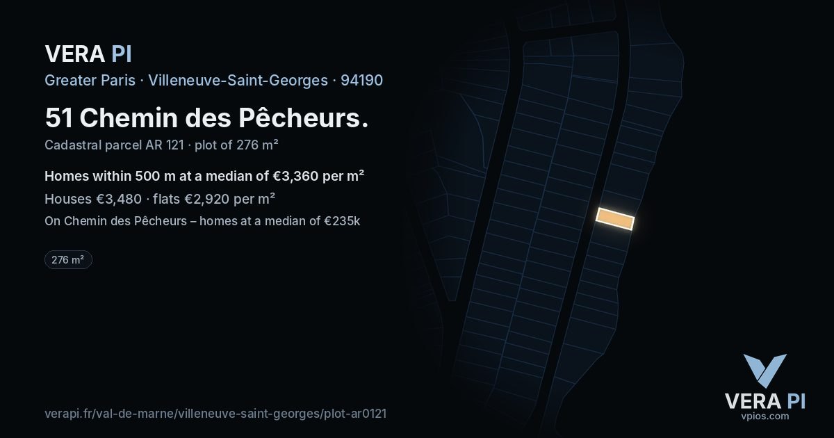 51 Chemin des Pêcheurs, Villeneuve-Saint-Georges at night – the plot lit, the parcels around coloured by the prices near them