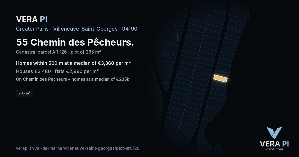 55 Chemin des Pêcheurs, Villeneuve-Saint-Georges at night – the plot lit, the parcels around coloured by the prices near them