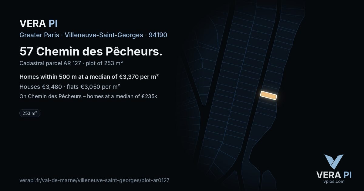 57 Chemin des Pêcheurs, Villeneuve-Saint-Georges at night – the plot lit, the parcels around coloured by the prices near them