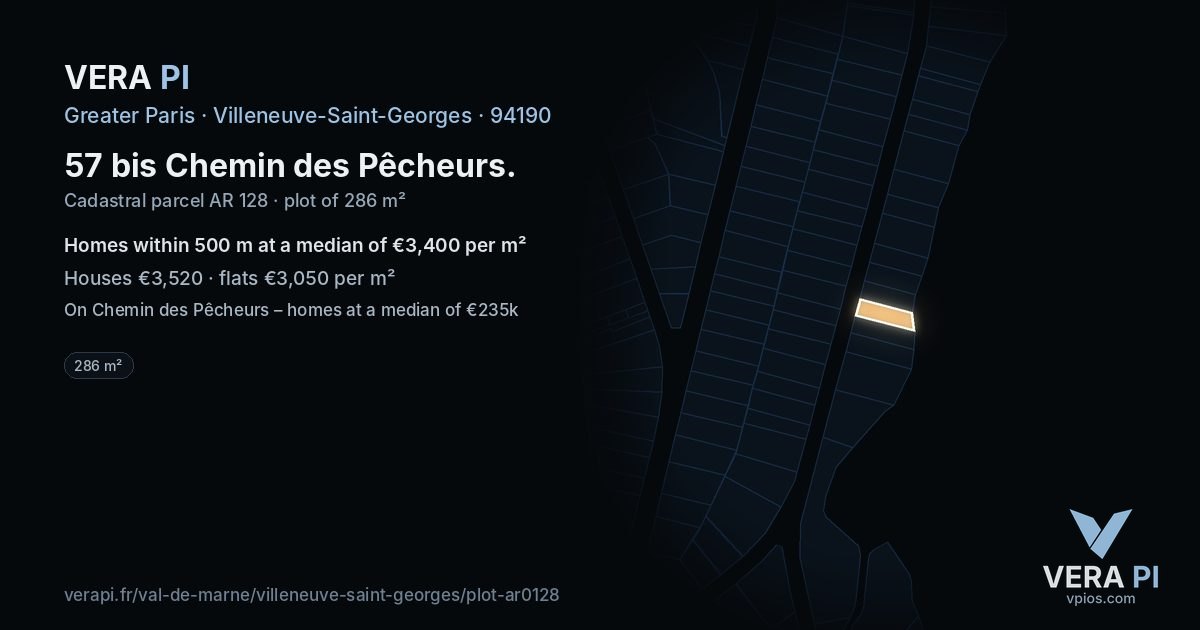 57 bis Chemin des Pêcheurs, Villeneuve-Saint-Georges at night – the plot lit, the parcels around coloured by the prices near them