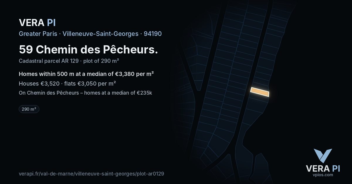 59 Chemin des Pêcheurs, Villeneuve-Saint-Georges at night – the plot lit, the parcels around coloured by the prices near them