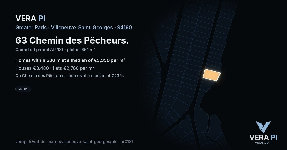 63 Chemin des Pêcheurs, Villeneuve-Saint-Georges at night – the plot lit, the parcels around coloured by the prices near them