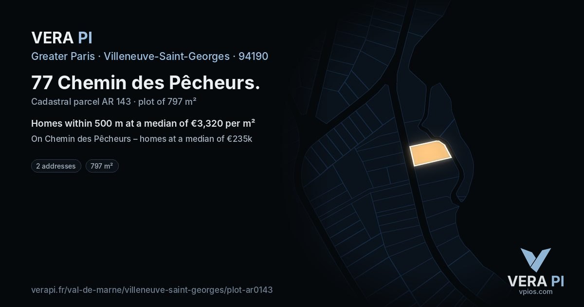 77 Chemin des Pêcheurs, Villeneuve-Saint-Georges at night – the plot lit, the parcels around coloured by the prices near them