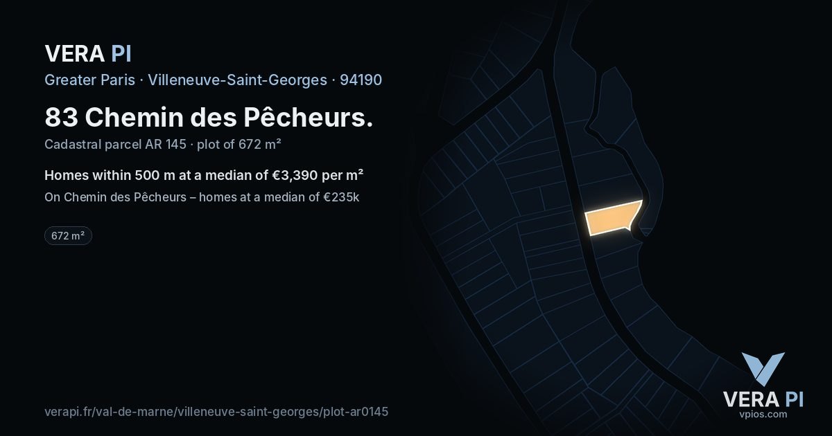 83 Chemin des Pêcheurs, Villeneuve-Saint-Georges at night – the plot lit, the parcels around coloured by the prices near them