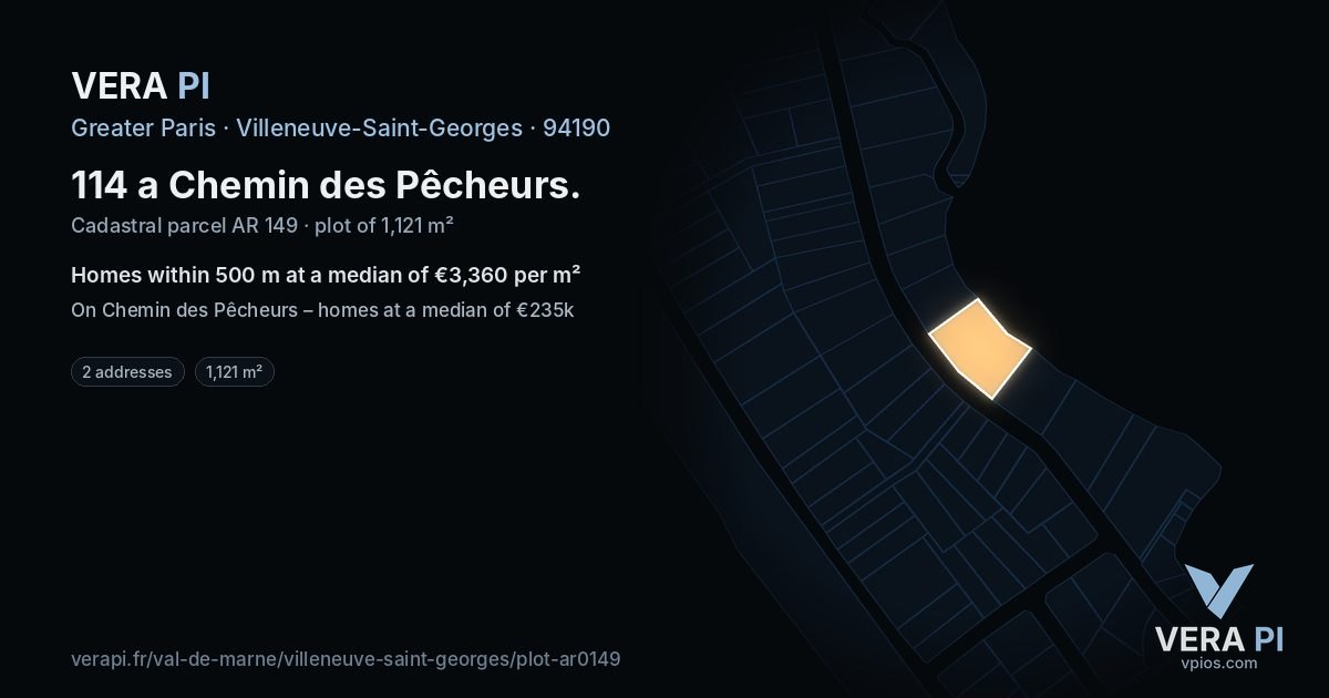 114 a Chemin des Pêcheurs, Villeneuve-Saint-Georges at night – the plot lit, the parcels around coloured by the prices near them