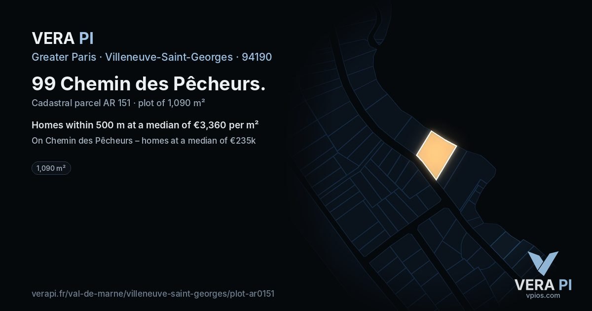 99 Chemin des Pêcheurs, Villeneuve-Saint-Georges at night – the plot lit, the parcels around coloured by the prices near them