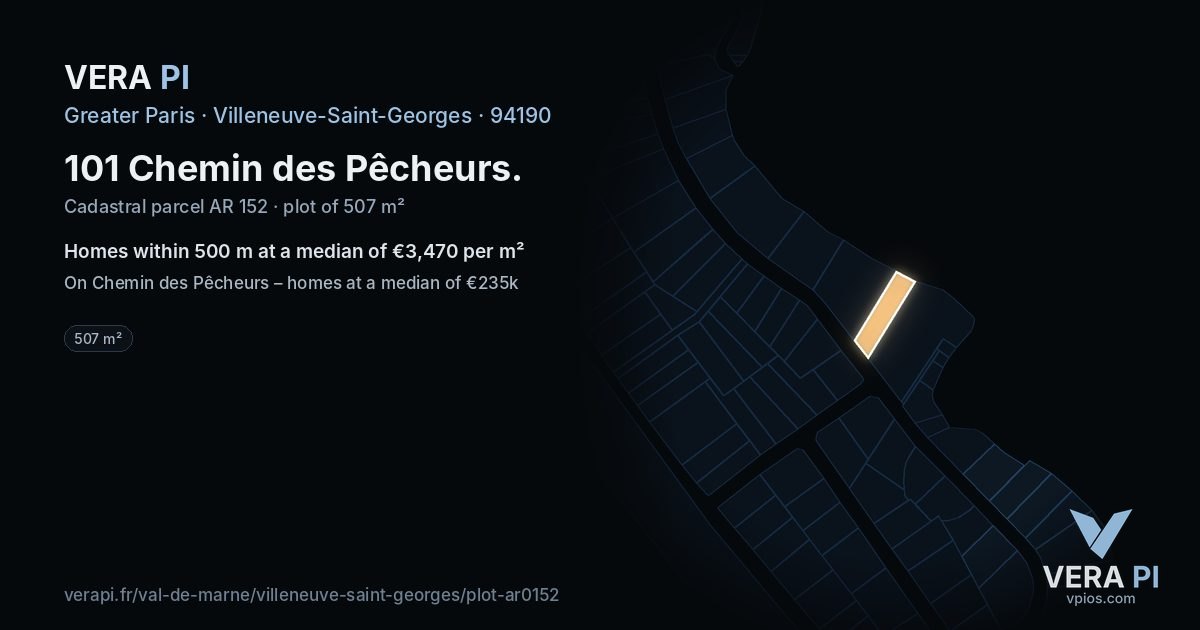101 Chemin des Pêcheurs, Villeneuve-Saint-Georges at night – the plot lit, the parcels around coloured by the prices near them