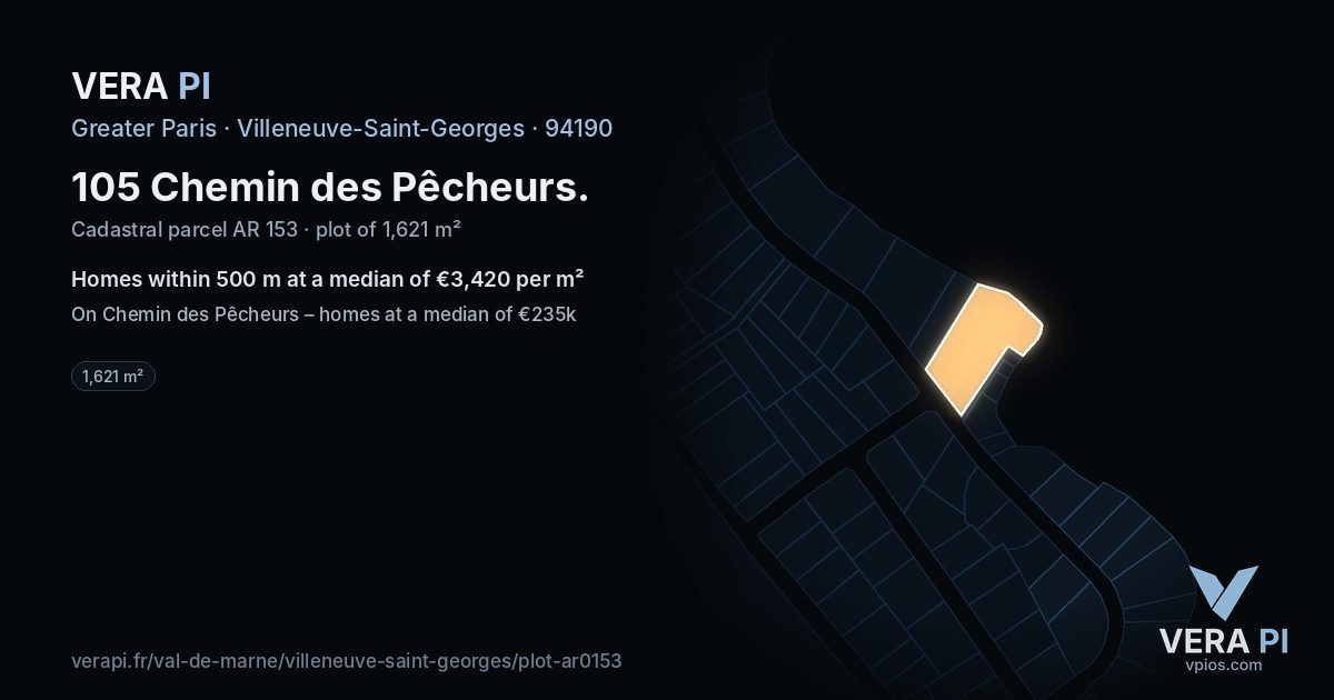 105 Chemin des Pêcheurs, Villeneuve-Saint-Georges at night – the plot lit, the parcels around coloured by the prices near them