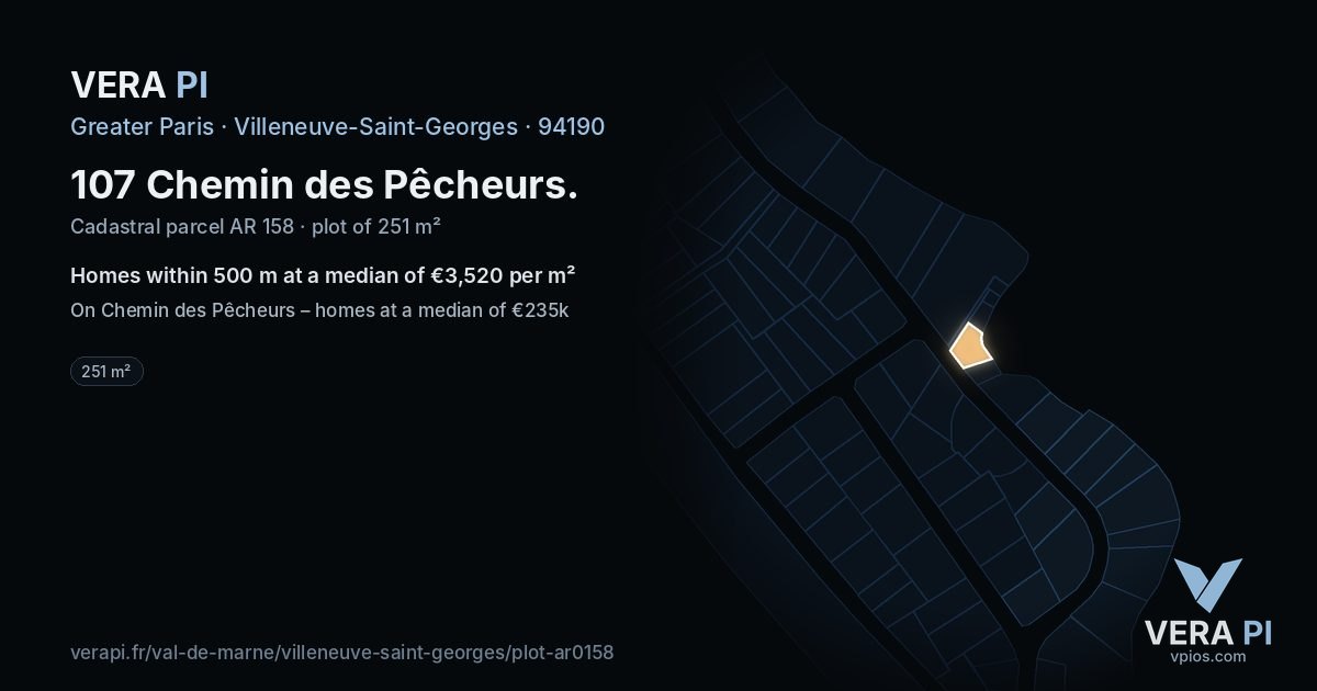 107 Chemin des Pêcheurs, Villeneuve-Saint-Georges at night – the plot lit, the parcels around coloured by the prices near them