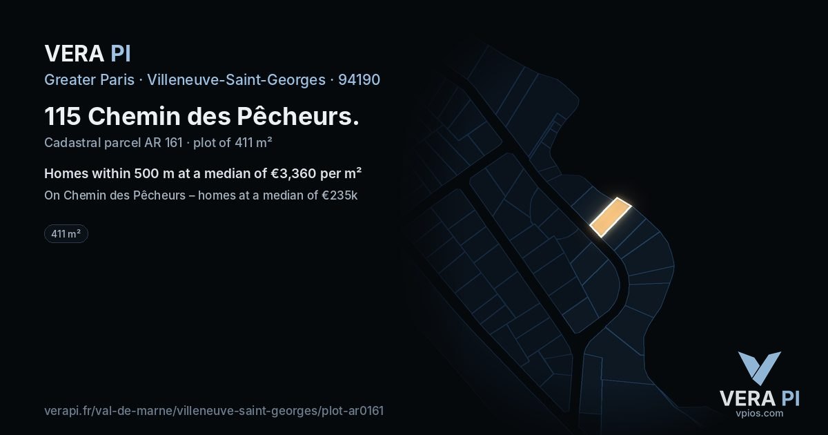 115 Chemin des Pêcheurs, Villeneuve-Saint-Georges at night – the plot lit, the parcels around coloured by the prices near them