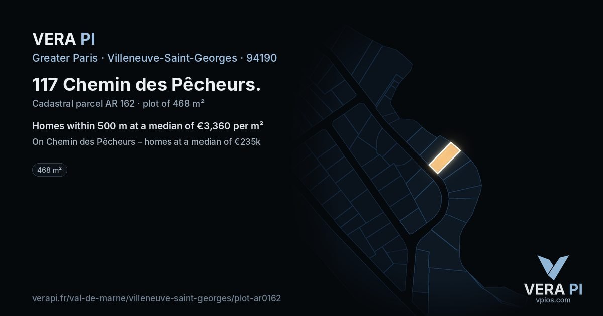 117 Chemin des Pêcheurs, Villeneuve-Saint-Georges at night – the plot lit, the parcels around coloured by the prices near them