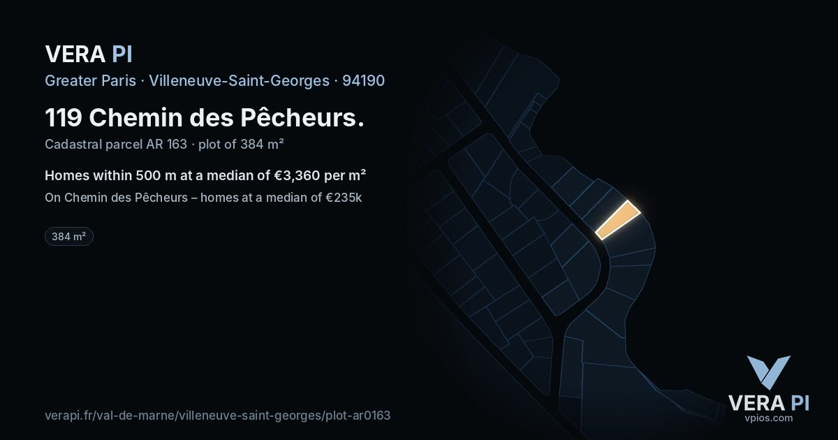 119 Chemin des Pêcheurs, Villeneuve-Saint-Georges at night – the plot lit, the parcels around coloured by the prices near them