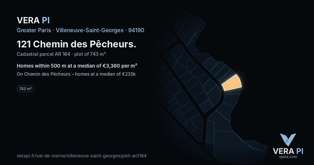121 Chemin des Pêcheurs, Villeneuve-Saint-Georges at night – the plot lit, the parcels around coloured by the prices near them