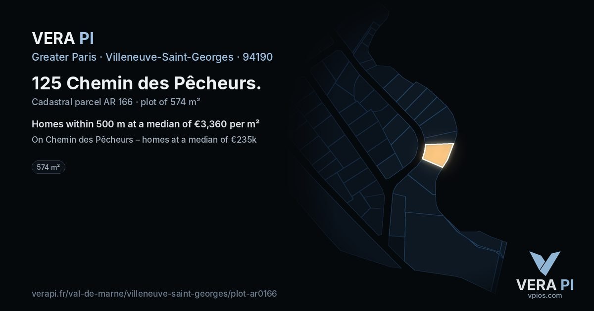 125 Chemin des Pêcheurs, Villeneuve-Saint-Georges at night – the plot lit, the parcels around coloured by the prices near them