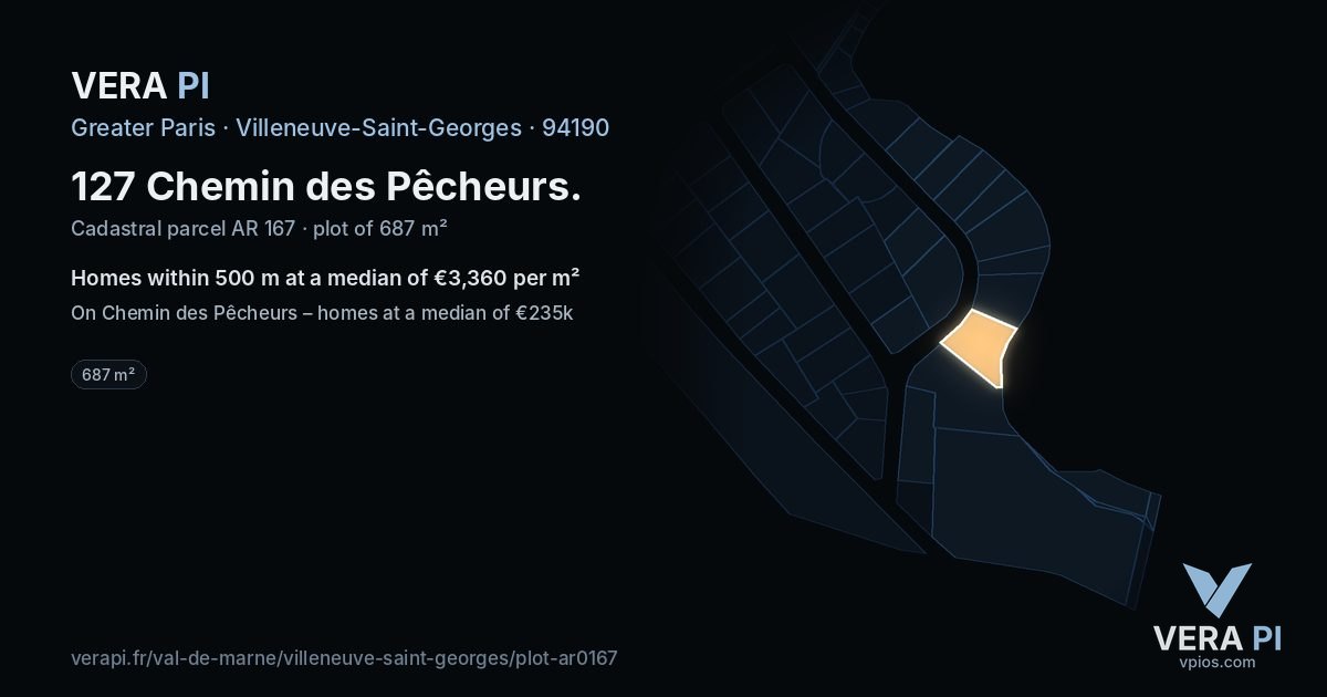 127 Chemin des Pêcheurs, Villeneuve-Saint-Georges at night – the plot lit, the parcels around coloured by the prices near them