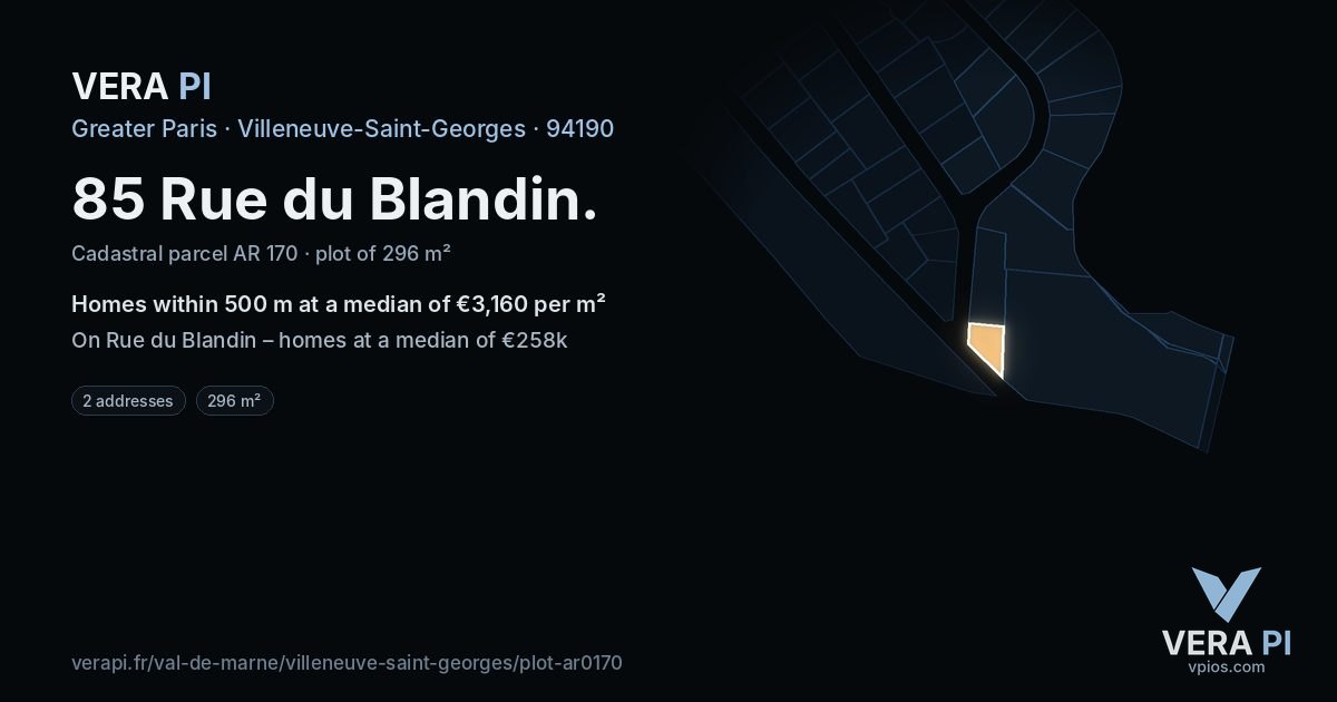 85 Rue du Blandin, Villeneuve-Saint-Georges at night – the plot lit, the parcels around coloured by the prices near them