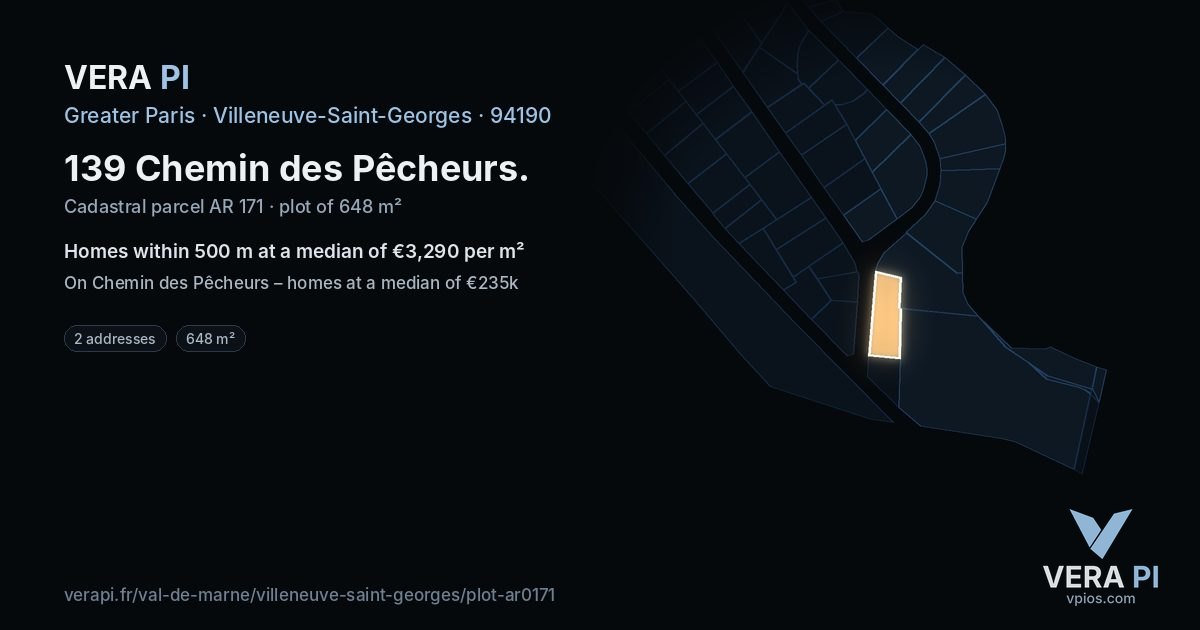 139 Chemin des Pêcheurs, Villeneuve-Saint-Georges at night – the plot lit, the parcels around coloured by the prices near them