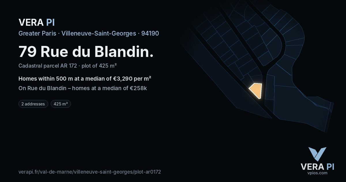 79 Rue du Blandin, Villeneuve-Saint-Georges at night – the plot lit, the parcels around coloured by the prices near them