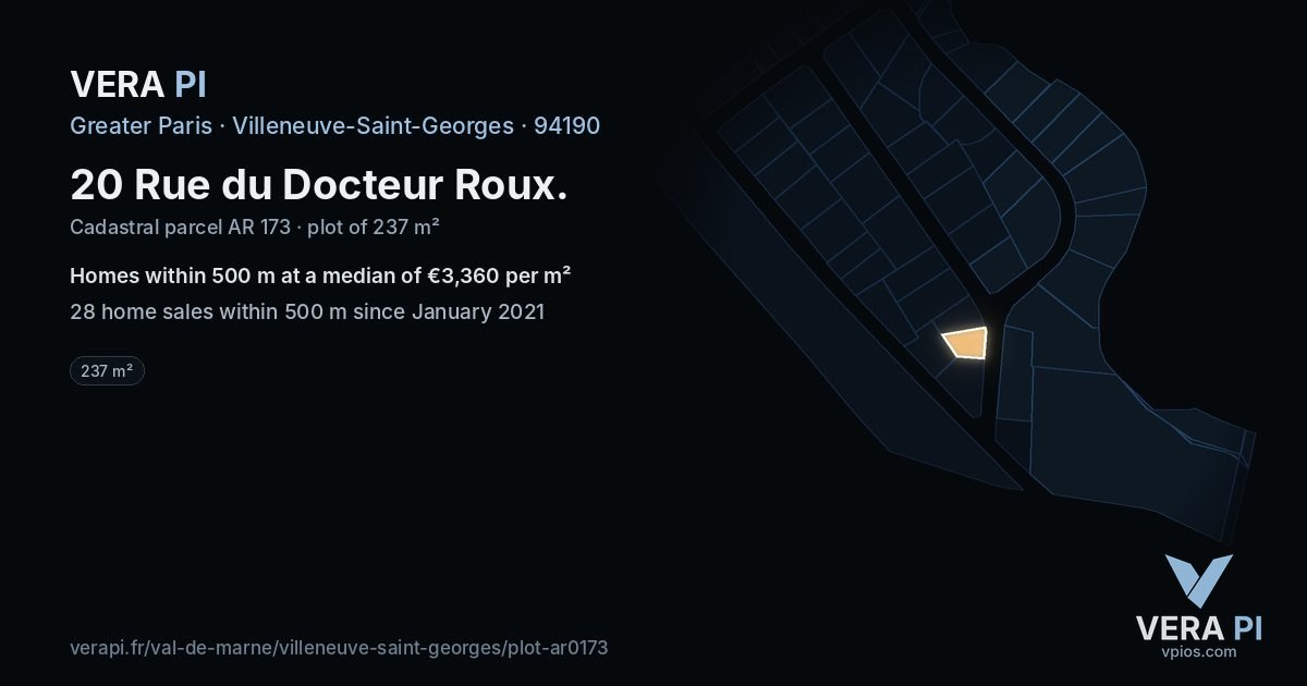 20 Rue du Docteur Roux, Villeneuve-Saint-Georges at night – the plot lit, the parcels around coloured by the prices near them