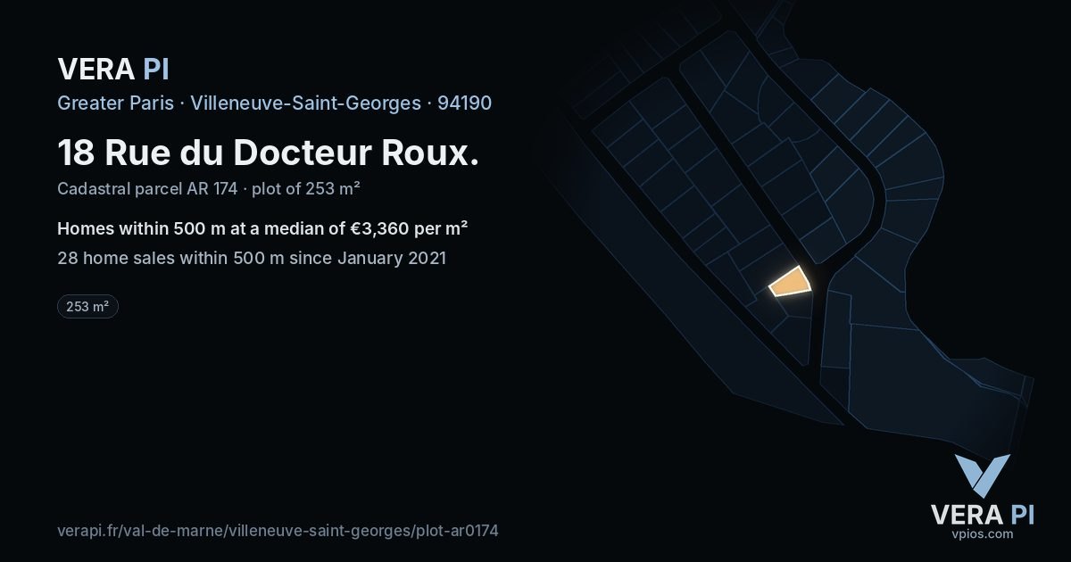 18 Rue du Docteur Roux, Villeneuve-Saint-Georges at night – the plot lit, the parcels around coloured by the prices near them