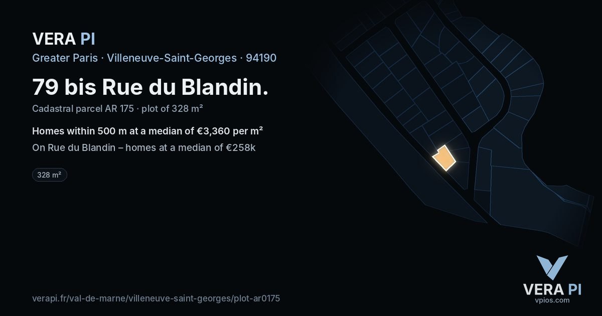 79 bis Rue du Blandin, Villeneuve-Saint-Georges at night – the plot lit, the parcels around coloured by the prices near them