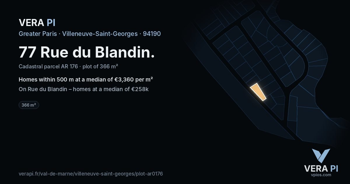 77 Rue du Blandin, Villeneuve-Saint-Georges at night – the plot lit, the parcels around coloured by the prices near them