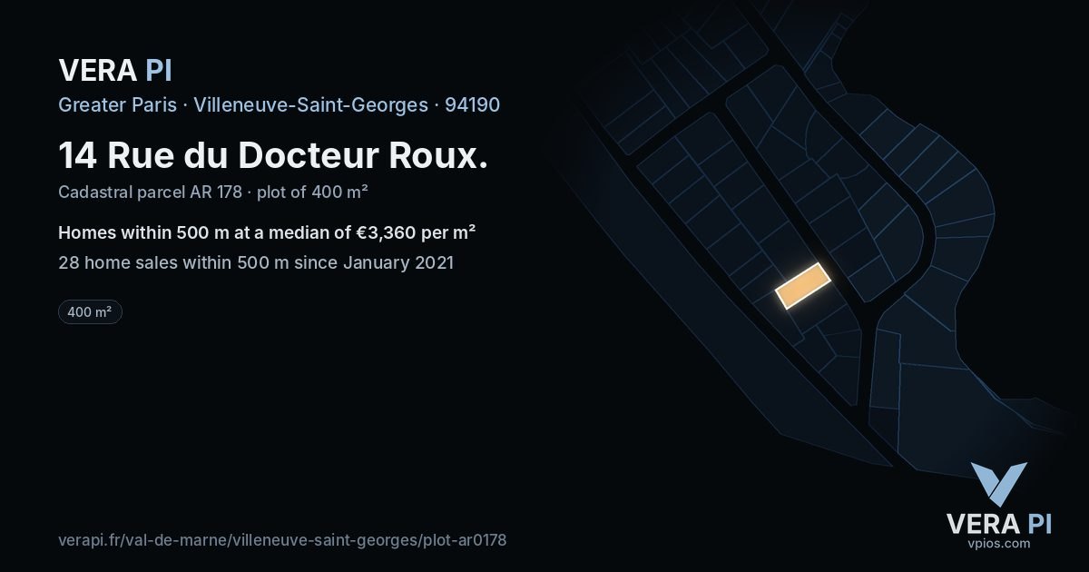 14 Rue du Docteur Roux, Villeneuve-Saint-Georges at night – the plot lit, the parcels around coloured by the prices near them