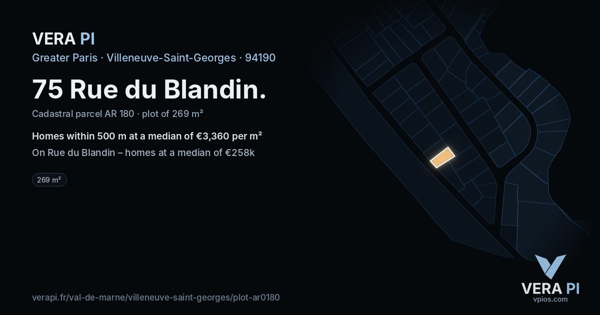 75 Rue du Blandin, Villeneuve-Saint-Georges at night – the plot lit, the parcels around coloured by the prices near them