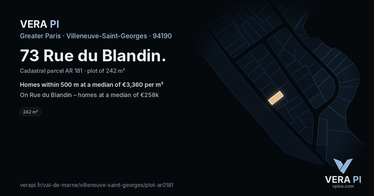 73 Rue du Blandin, Villeneuve-Saint-Georges at night – the plot lit, the parcels around coloured by the prices near them