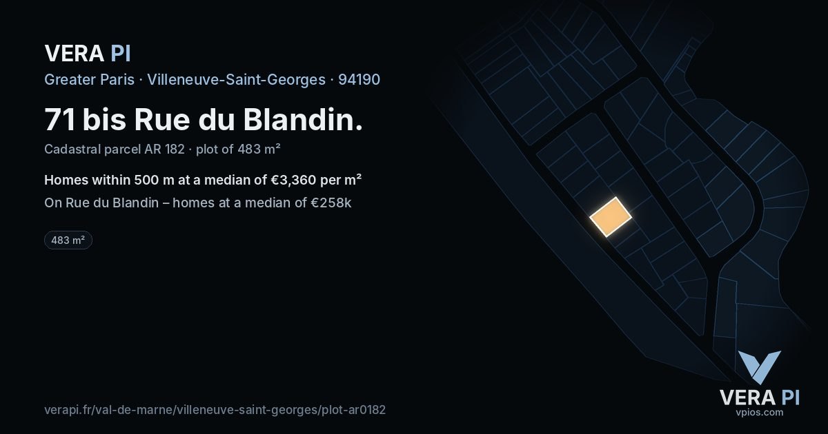 71 bis Rue du Blandin, Villeneuve-Saint-Georges at night – the plot lit, the parcels around coloured by the prices near them