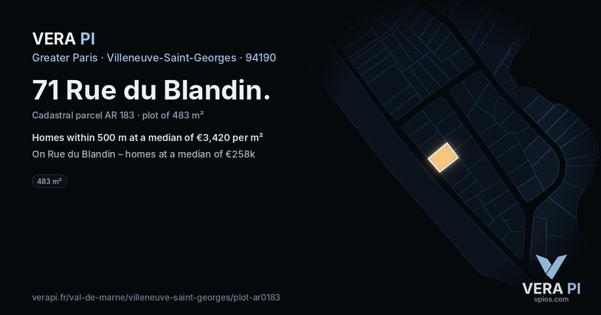 71 Rue du Blandin, Villeneuve-Saint-Georges at night – the plot lit, the parcels around coloured by the prices near them
