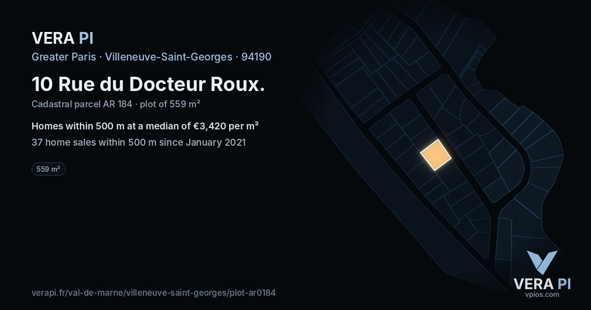 10 Rue du Docteur Roux, Villeneuve-Saint-Georges at night – the plot lit, the parcels around coloured by the prices near them