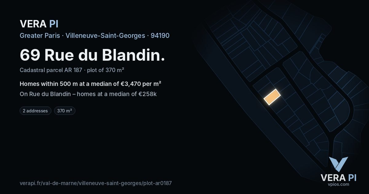 69 Rue du Blandin, Villeneuve-Saint-Georges at night – the plot lit, the parcels around coloured by the prices near them