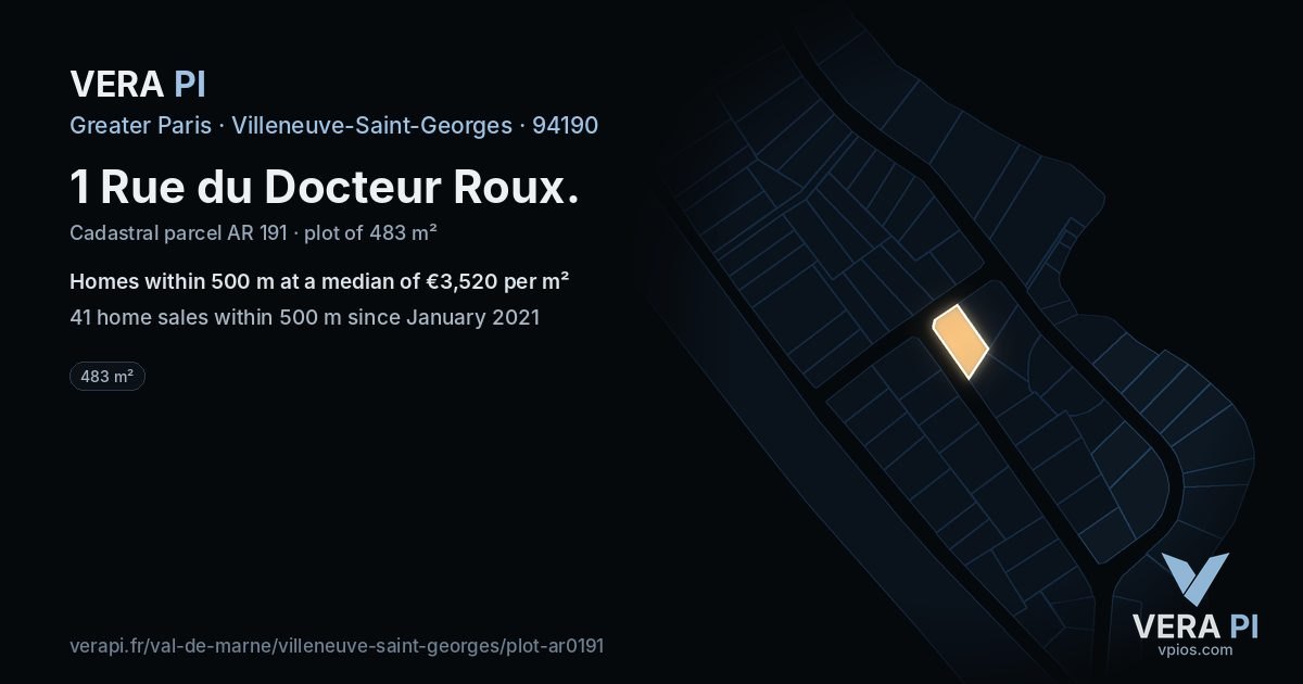 1 Rue du Docteur Roux, Villeneuve-Saint-Georges at night – the plot lit, the parcels around coloured by the prices near them
