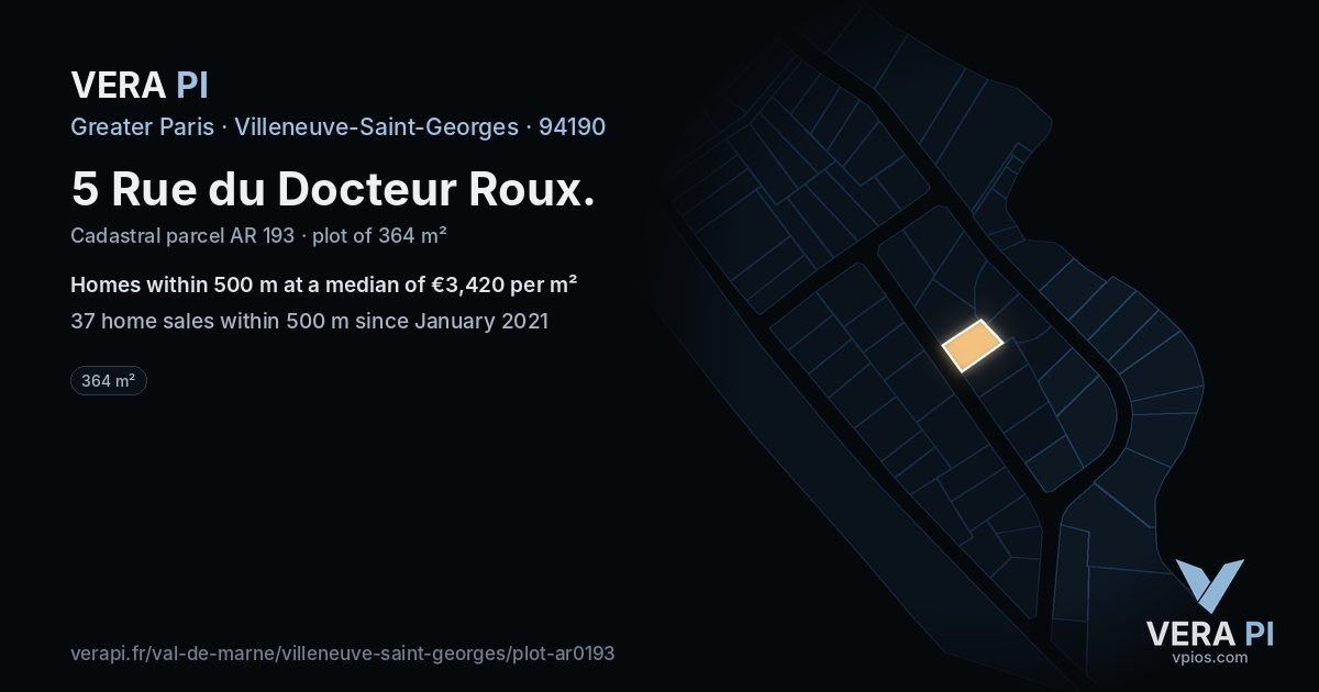 5 Rue du Docteur Roux, Villeneuve-Saint-Georges at night – the plot lit, the parcels around coloured by the prices near them