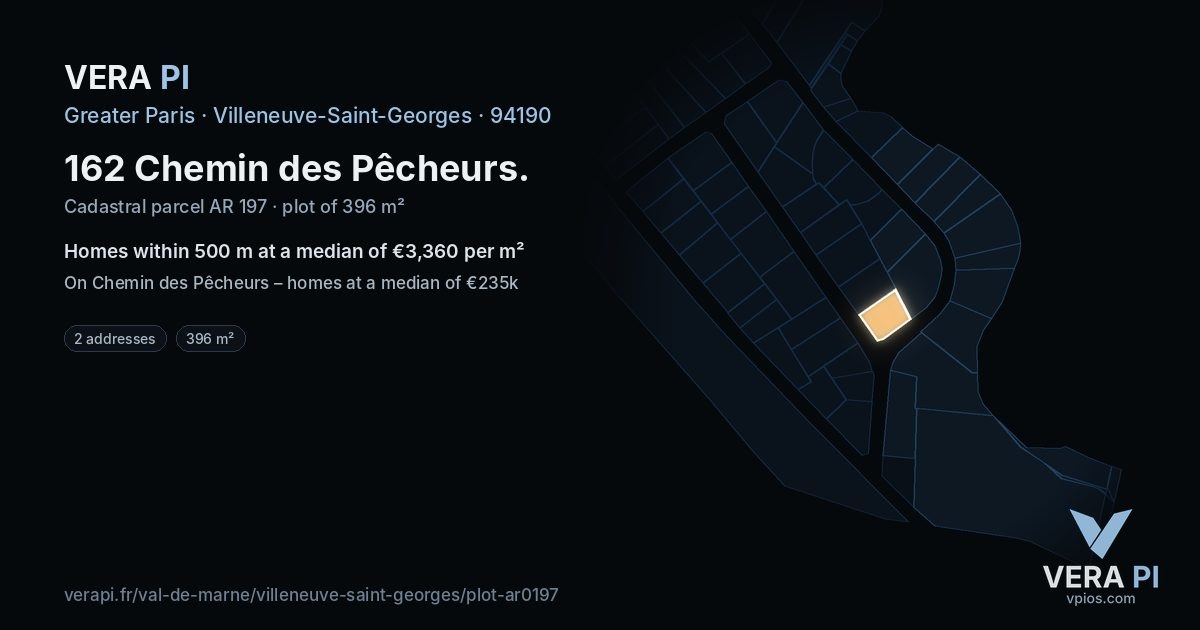 162 Chemin des Pêcheurs, Villeneuve-Saint-Georges at night – the plot lit, the parcels around coloured by the prices near them