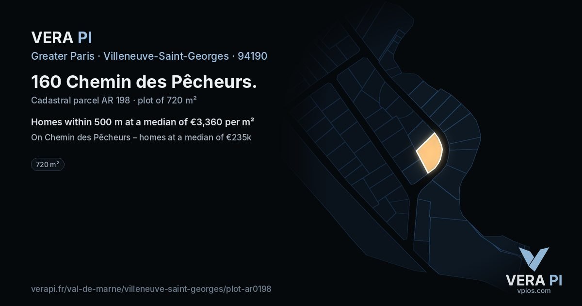 160 Chemin des Pêcheurs, Villeneuve-Saint-Georges at night – the plot lit, the parcels around coloured by the prices near them