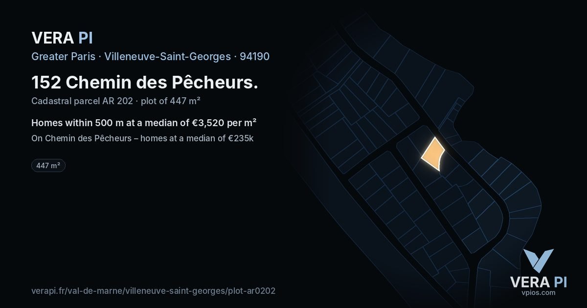 152 Chemin des Pêcheurs, Villeneuve-Saint-Georges at night – the plot lit, the parcels around coloured by the prices near them