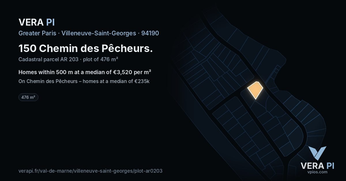 150 Chemin des Pêcheurs, Villeneuve-Saint-Georges at night – the plot lit, the parcels around coloured by the prices near them