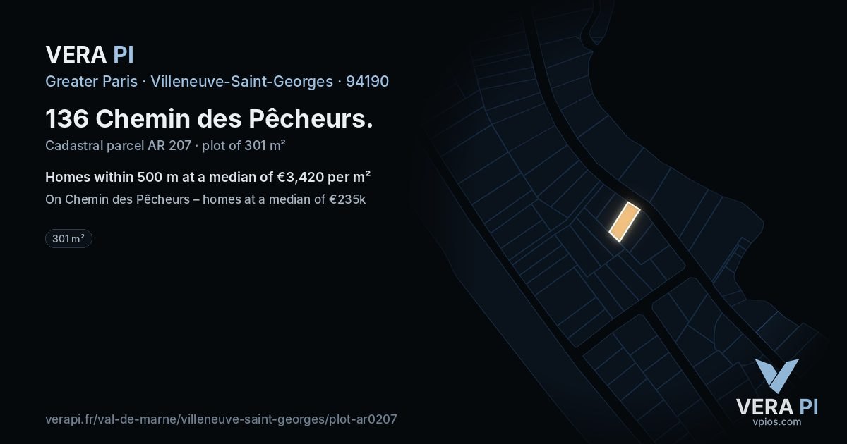 136 Chemin des Pêcheurs, Villeneuve-Saint-Georges at night – the plot lit, the parcels around coloured by the prices near them