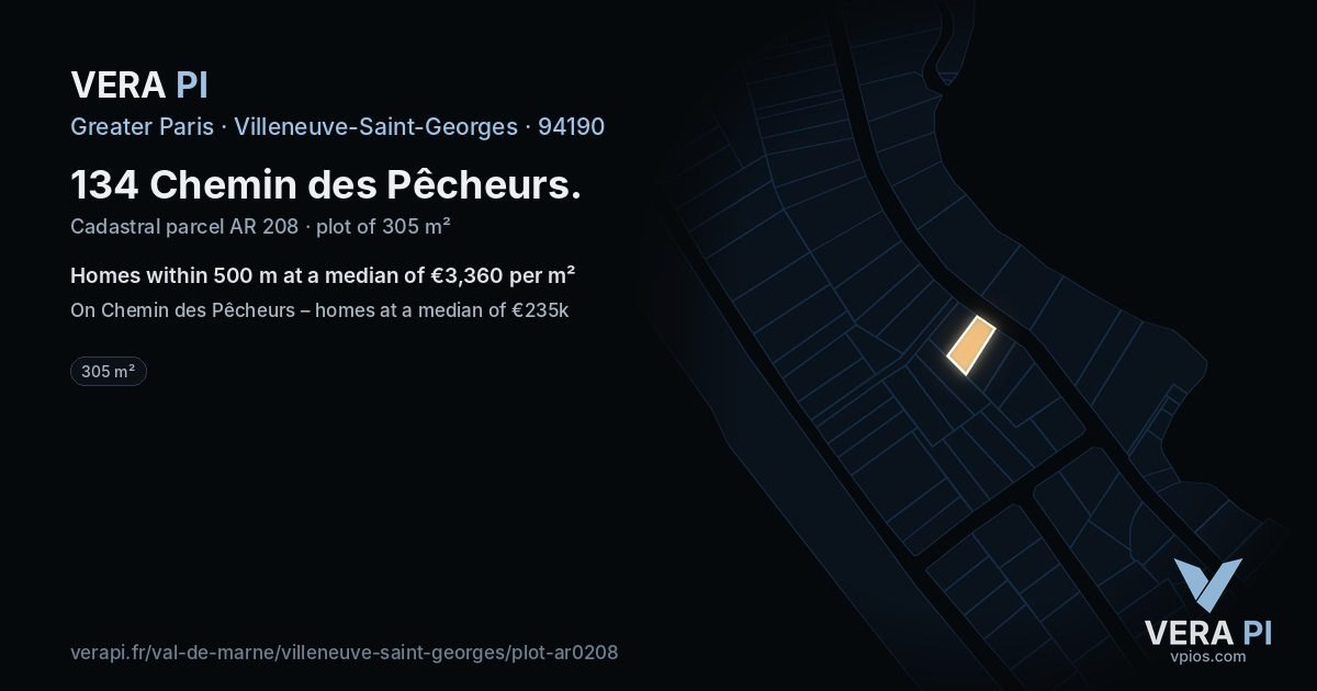 134 Chemin des Pêcheurs, Villeneuve-Saint-Georges at night – the plot lit, the parcels around coloured by the prices near them