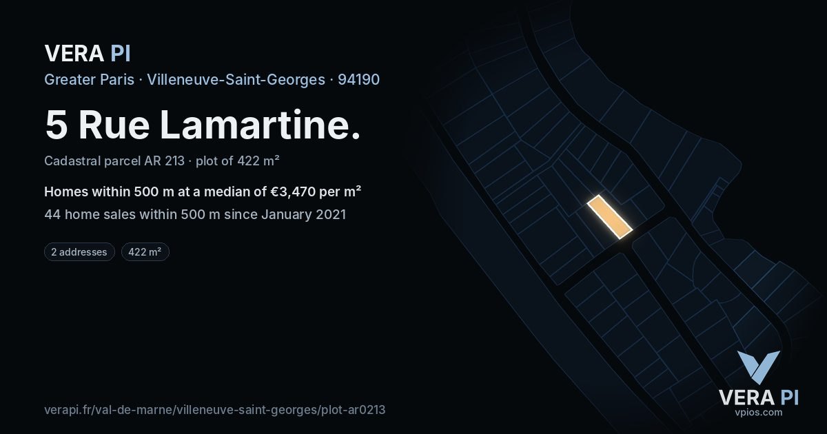 5 Rue Lamartine, Villeneuve-Saint-Georges at night – the plot lit, the parcels around coloured by the prices near them