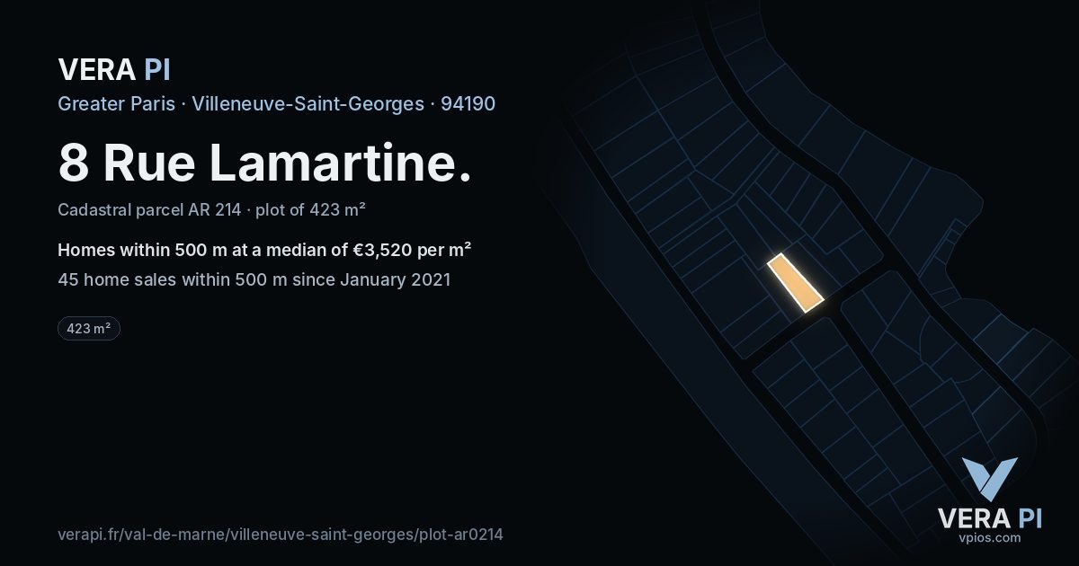 8 Rue Lamartine, Villeneuve-Saint-Georges at night – the plot lit, the parcels around coloured by the prices near them