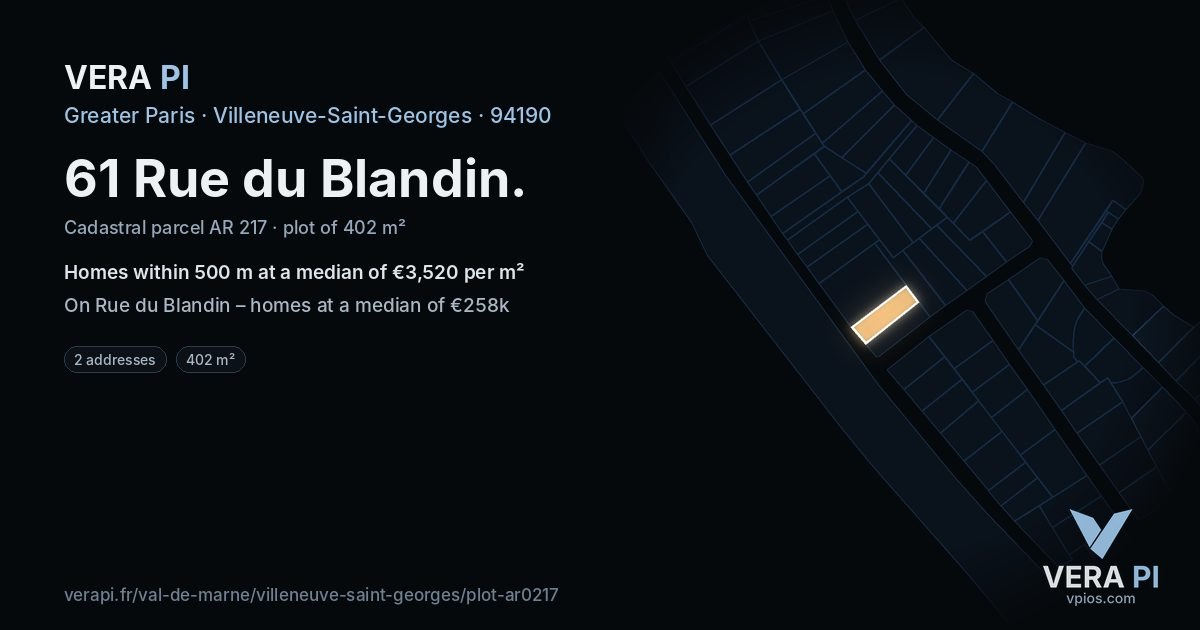 61 Rue du Blandin, Villeneuve-Saint-Georges at night – the plot lit, the parcels around coloured by the prices near them