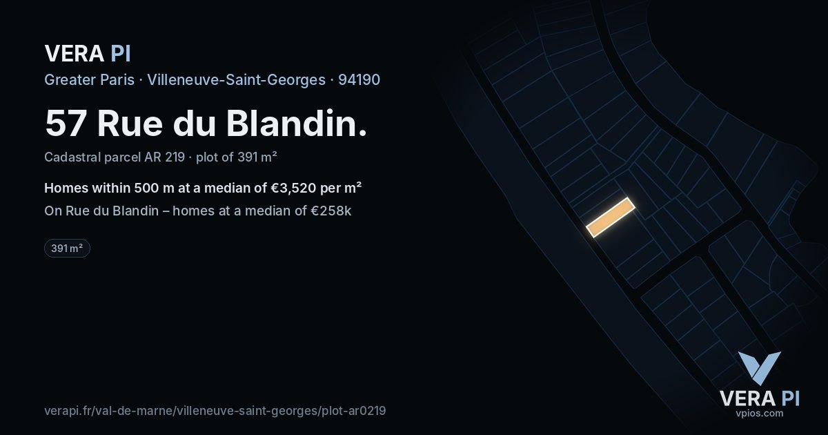 57 Rue du Blandin, Villeneuve-Saint-Georges at night – the plot lit, the parcels around coloured by the prices near them