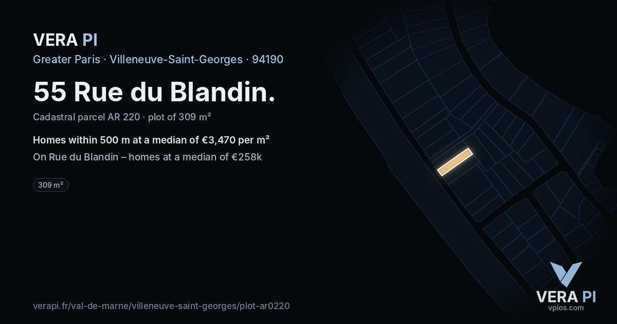 55 Rue du Blandin, Villeneuve-Saint-Georges at night – the plot lit, the parcels around coloured by the prices near them